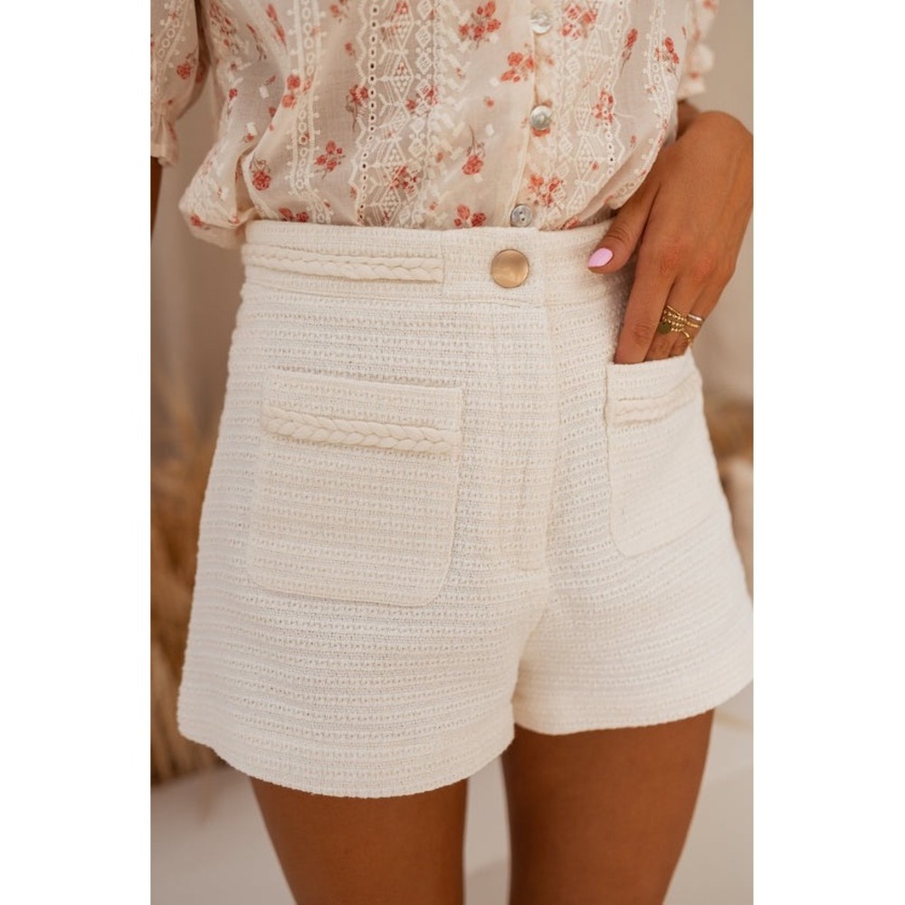 Easy Clothes Cream Textured Cotton Tweed Braided Trim High Waisted Shorts Small